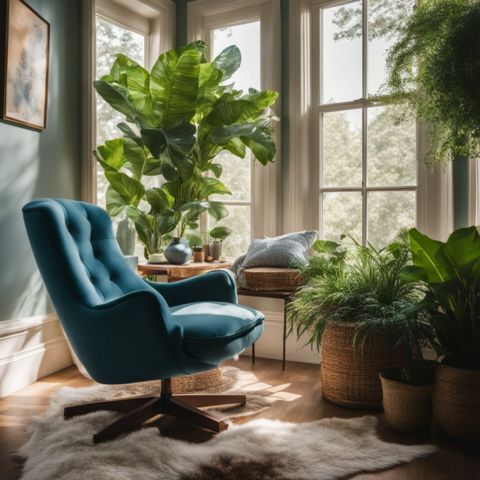 A cozy reading nook with an inviting armchair surrounded by green plants.