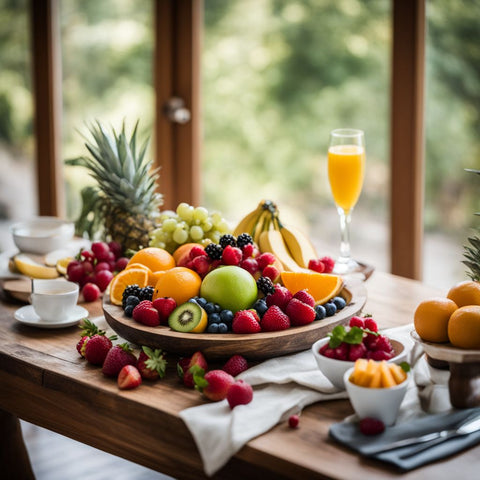 A fresh fruit platter on a wooden table in a vibrant kitchen.