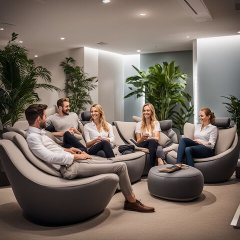 Employees enjoying a cozy wellness room with comfortable amenities.