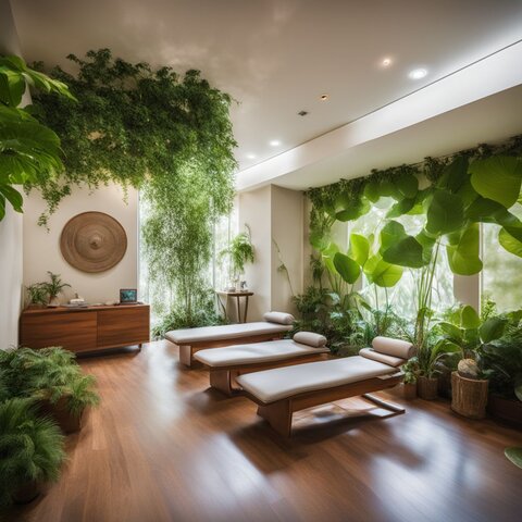 A serene wellness room with diverse people and lush plants.