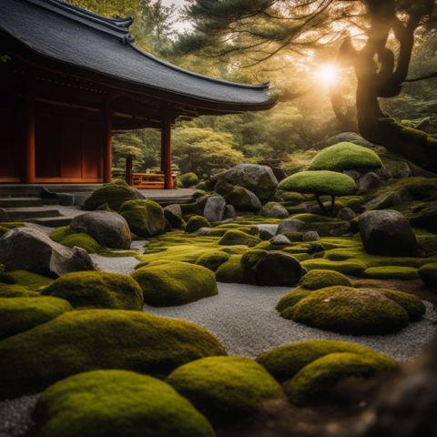 A tranquil Japanese rock garden with raked gravel and moss-covered stones.