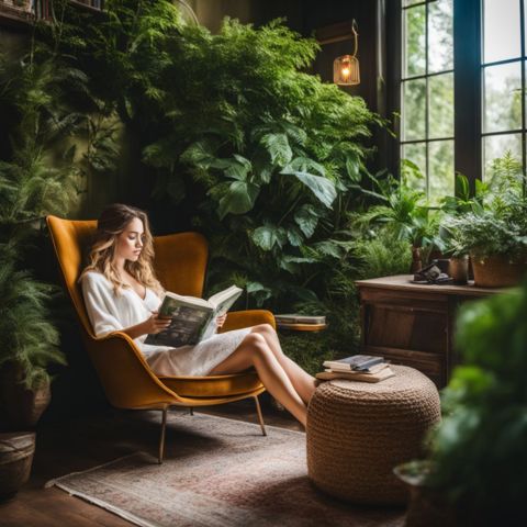 A cozy reading nook with a variety of people and lush green plants.