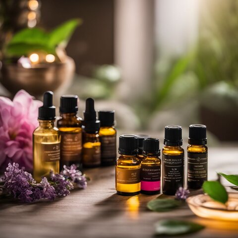 An aromatherapy essential oils set displayed in a tranquil spa setting.