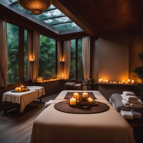 A tranquil spa room with massage table and soft candlelight.