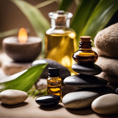 A variety of massage oils and stones arranged in a serene spa.