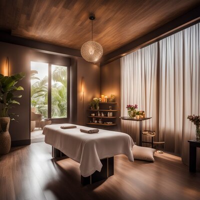 A busy massage studio with diverse clients and stylish decor.