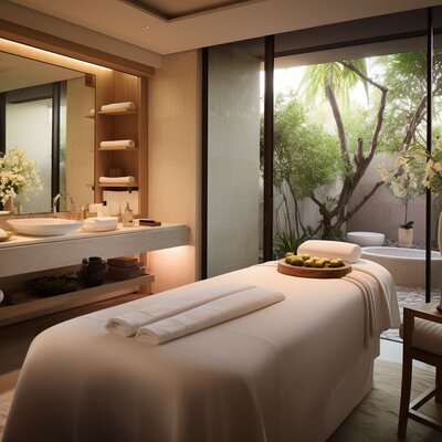 A massage therapy table in a calm and relaxing private room.
