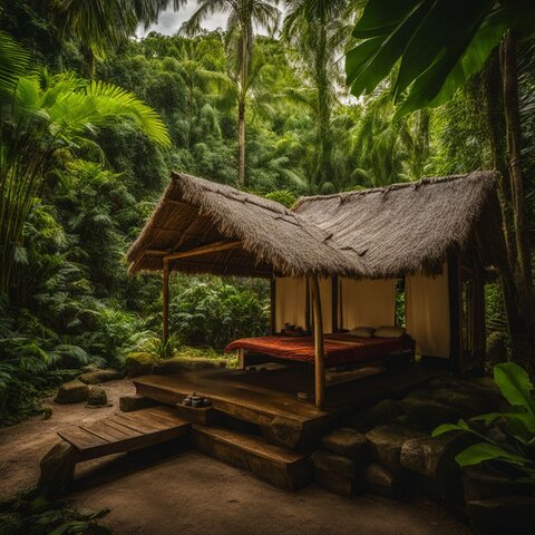 A traditional lomi lomi massage hut surrounded by lush greenery.