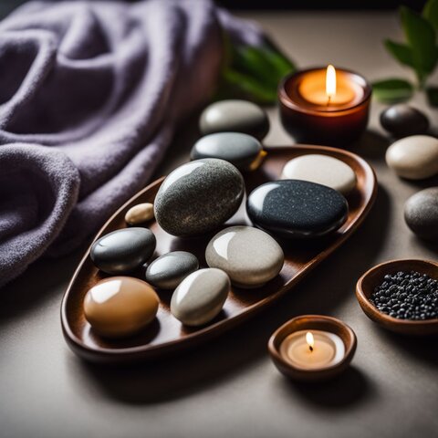 A spa table with arranged hot stone massage stones for therapy.
