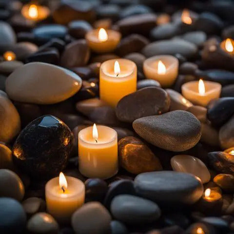 Stones withlighted candles.