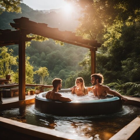 A relaxing hot tub surrounded by lush greenery in a bustling atmosphere.