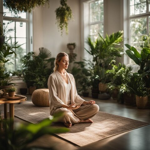 An employee meditating in a serene, plant-filled room for relaxation.