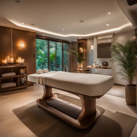 A tranquil spa room with massage table and calming decor.