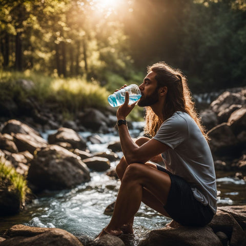 A person peacefully drinking water in a nature-filled environment.