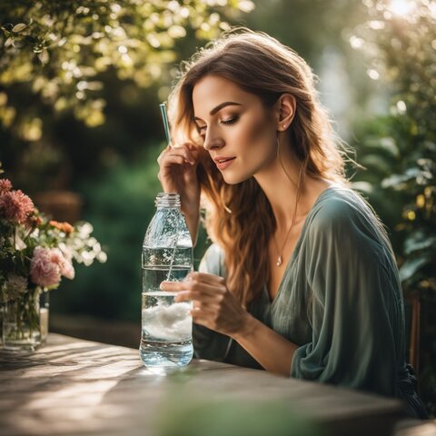 A woman enjoying a bottle of water in a peaceful garden.