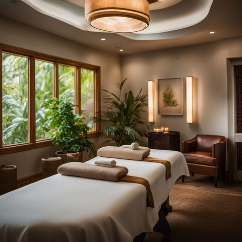 A tranquil massage room with comfortable furniture and calming essential oils.