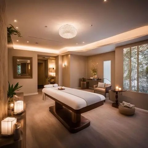 A massage therapy room with table with dim lighting and calming ambiance.