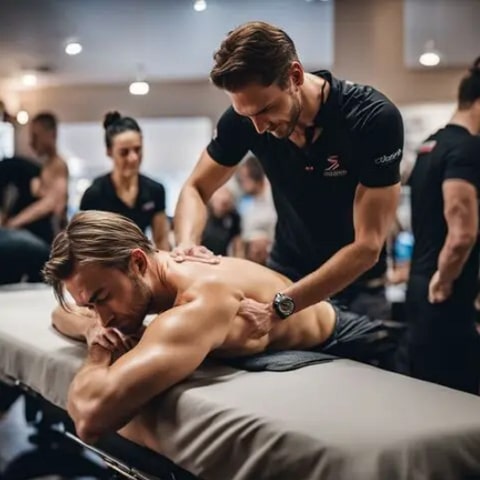 Massage therapist is massaging a man.