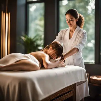 A person receiving a relaxing full-body massage in a spa setting.