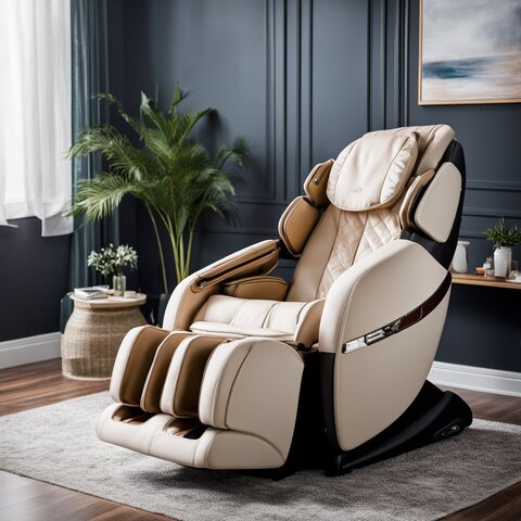 A person enjoys a massage chair in a cozy living room.