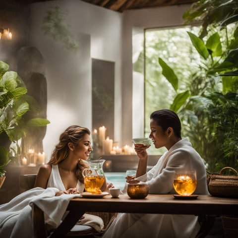 A serene spa setting with refreshments and people relaxing.