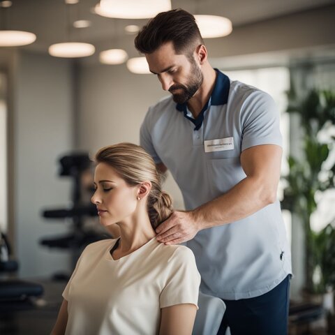 A physical therapist massaging a patient's injured shoulder in a clinic.