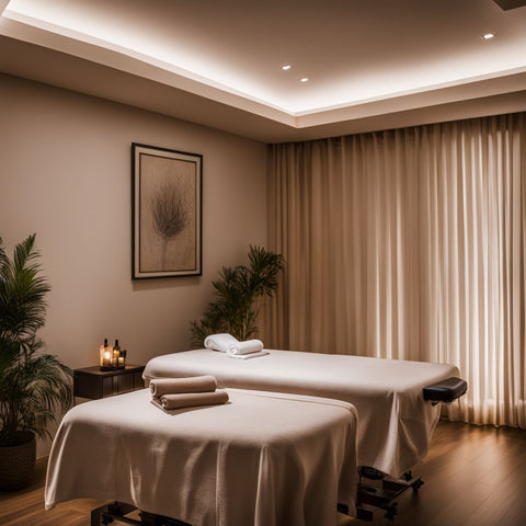 A tranquil massage room with tables.