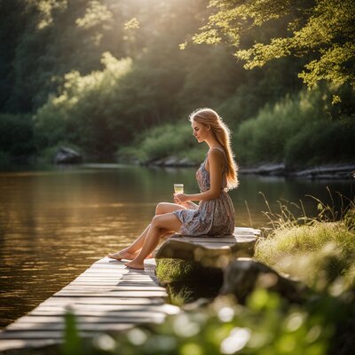 A woman sitting down by a pond drinking a glass of water and relaxing.