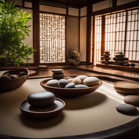 A serene Zen garden with traditional Chinese massage tools and diverse people.