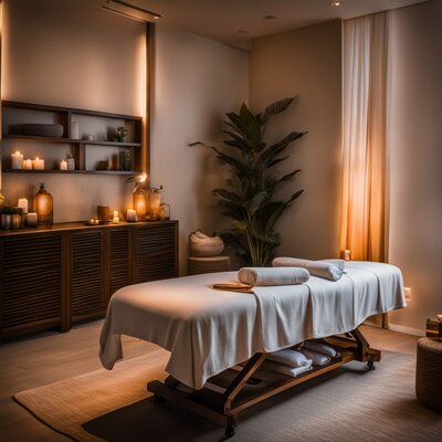 A tranquil massage room with a massage table and relaxing ambiance.
