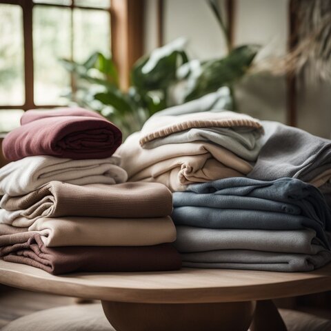 A neatly folded pile of comfortable clothing in a tranquil spa.