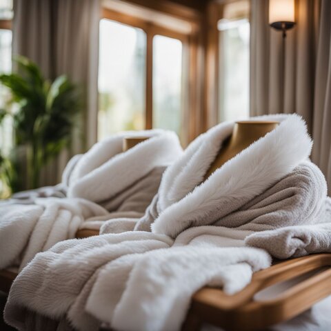 A photo of neatly folded fluffy robes with spa decor.