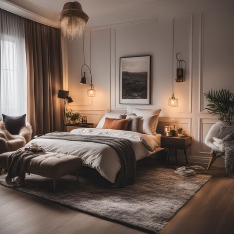 A cozy bedroom with a variety of nature photography portraits.