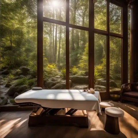 Massage table with chairs and big clear windows.