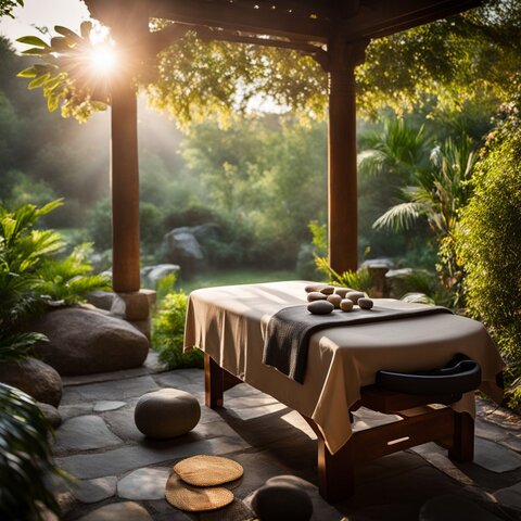 A tranquil hot stone massage setup in a spa garden.