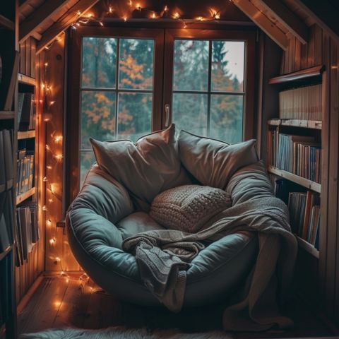 A cozy reading nook with a comfortable chair and soft blankets.