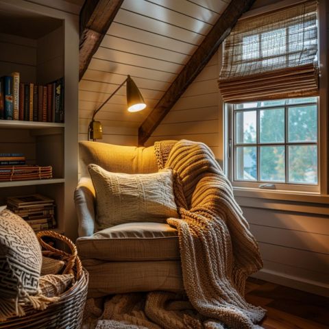 A cozy reading nook with a comfortable chair and soft blankets.