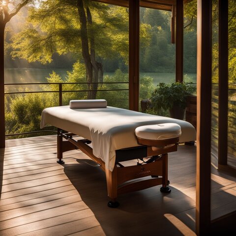 A serene massage table in a natural setting with diverse people.