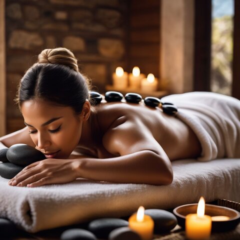 A person enjoying a hot stone massage in a tranquil spa setting.