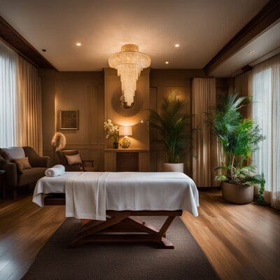 A massage room with table in a relaxing and warmly lit setting.