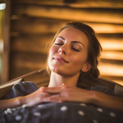A thoroughly relaxed woman with her eyes closed at a massage session.