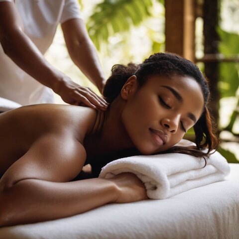 A person receiving a deep tissue massage in a peaceful spa setting.