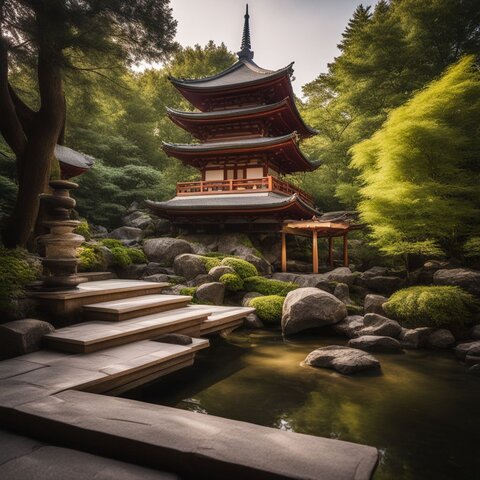 A tranquil Zen garden with a pagoda and calming water features.