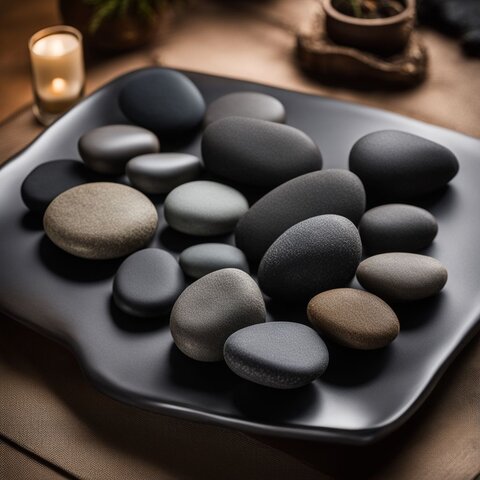 A tranquil spa table with heated basalt stones arranged for a massage.