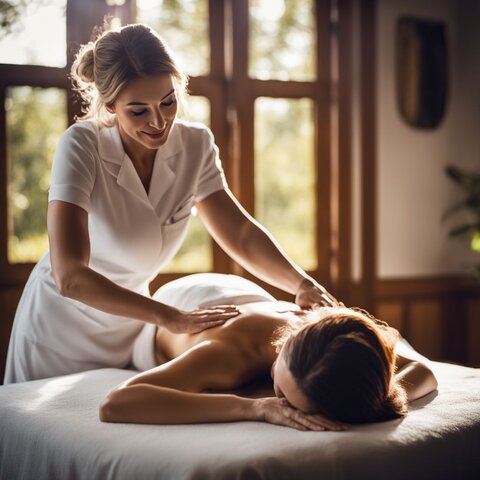 A woman receiving a Swedish massage in a tranquil spa setting.