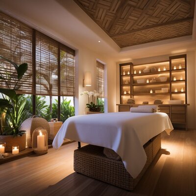 A serene spa room with a massage table and soft lighting.