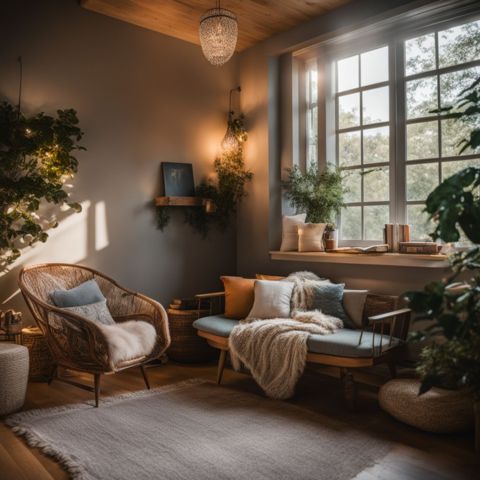 A cozy reading nook with nature-inspired decor and comfortable seating.