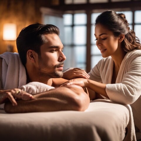 A couple receiving a relaxing massage in a tranquil spa setting.