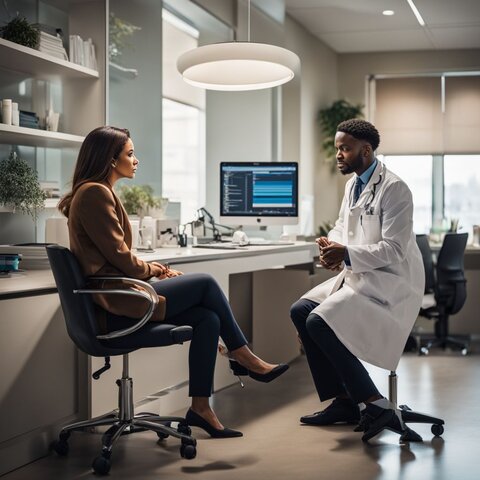 A doctor consulting with a patient in a professional office.