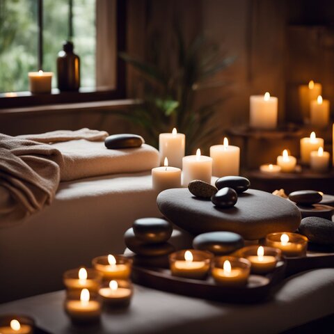 A serene spa with hot stones, calming decor, and soothing candles.